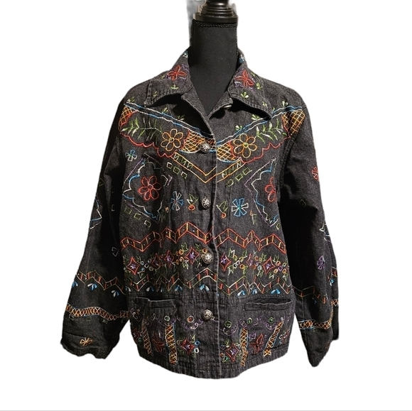 New Direction Black Denim Jacket 100% Cotton Embroidered & Beads Sz M - Picture 2 of 8